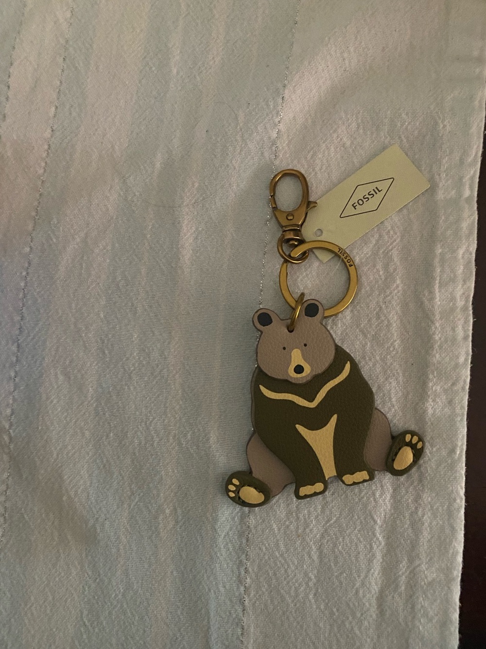 Fossil Two-Tone Bear Keychain in Olive Green and Taupe NWTS